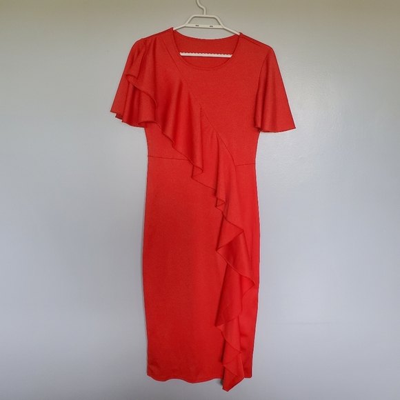 NWOT SHEIN Mulvari Ruffle Trim Butterfly Sleeve Dress - Orange Red - Size Small - Picture 2 of 12